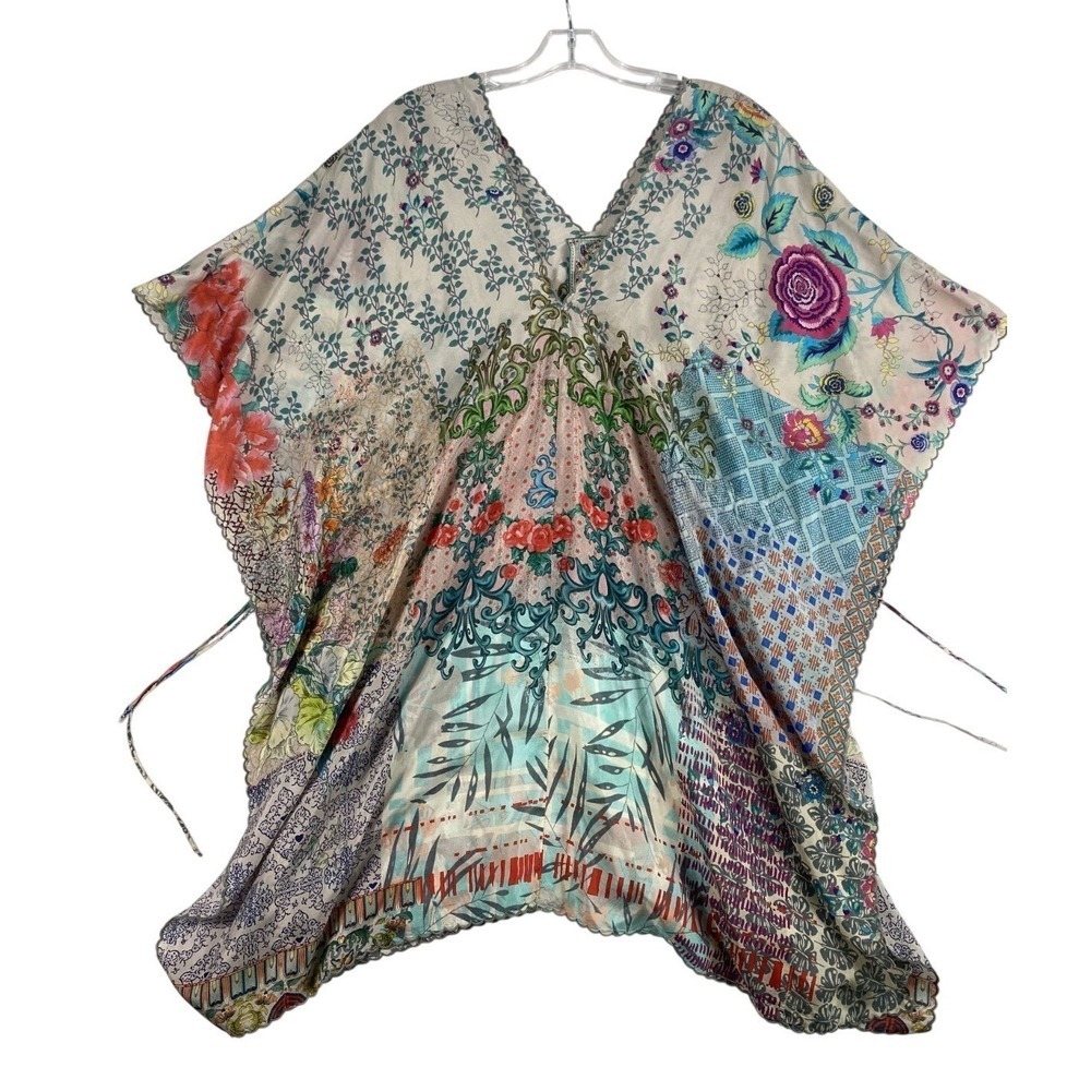 Johnny Was 100% Washable Silk Kimono Sz L Artsy Resort Cover‎ Up Luxe Bohemian